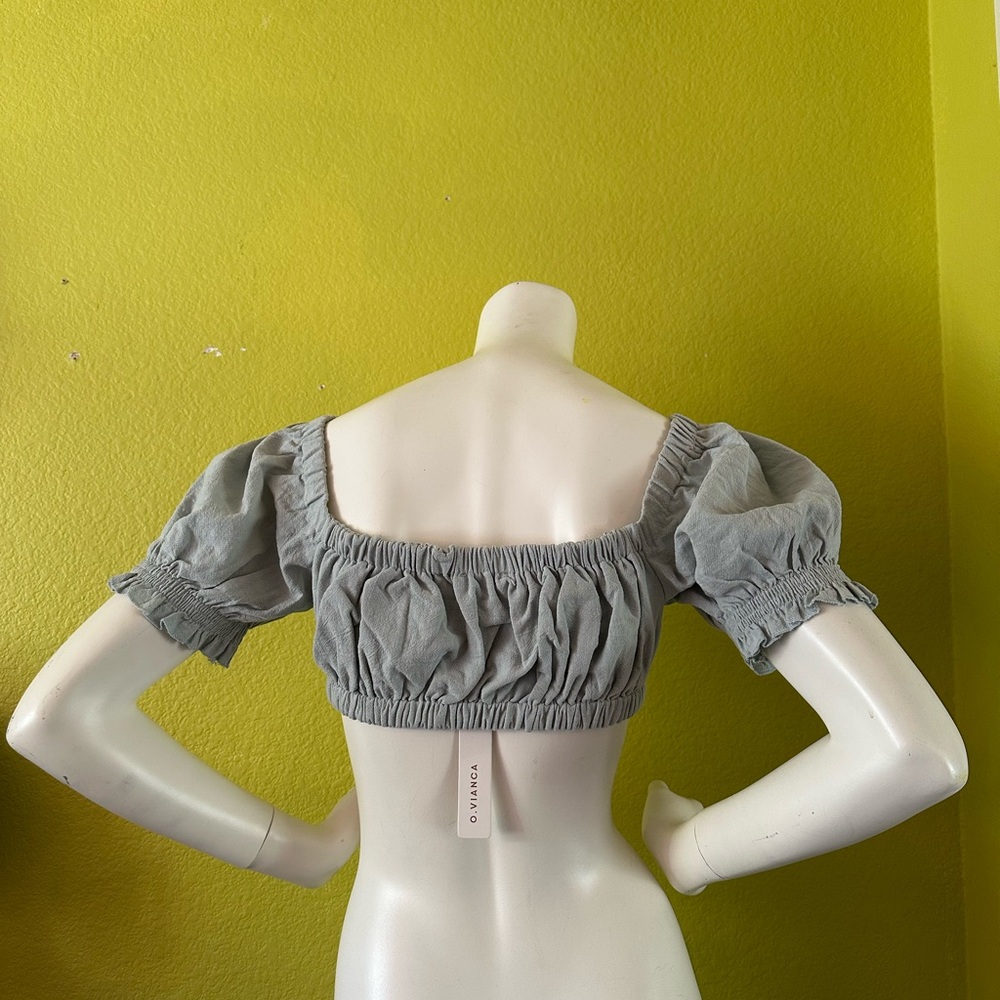 O.VIANCA Large Light Green Tie-Front Cropped Blouse - Picture 3 of 5